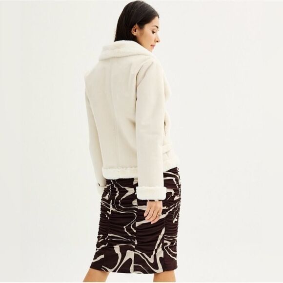 Nine West Faux Sued Aviator Jacket Ivory Super Cozy Front Buttons NWT Size XL - Picture 3 of 13